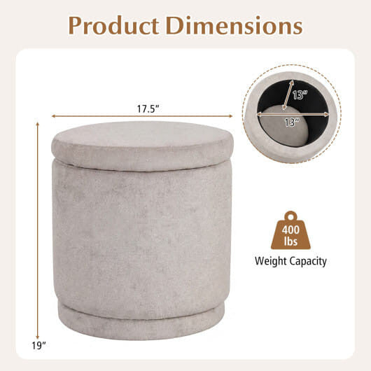 Round storage ottoman in gray chenille fabric with removable lid and solid acacia wood base — view 9
