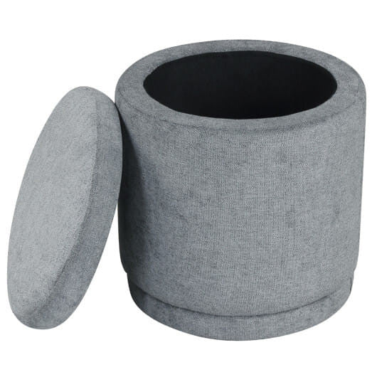 Round storage ottoman in gray chenille fabric with removable lid and solid acacia wood base — view 10