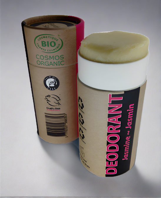 Organic jasmine natural deodorant in eco friendly recycled paper push up tube packaging