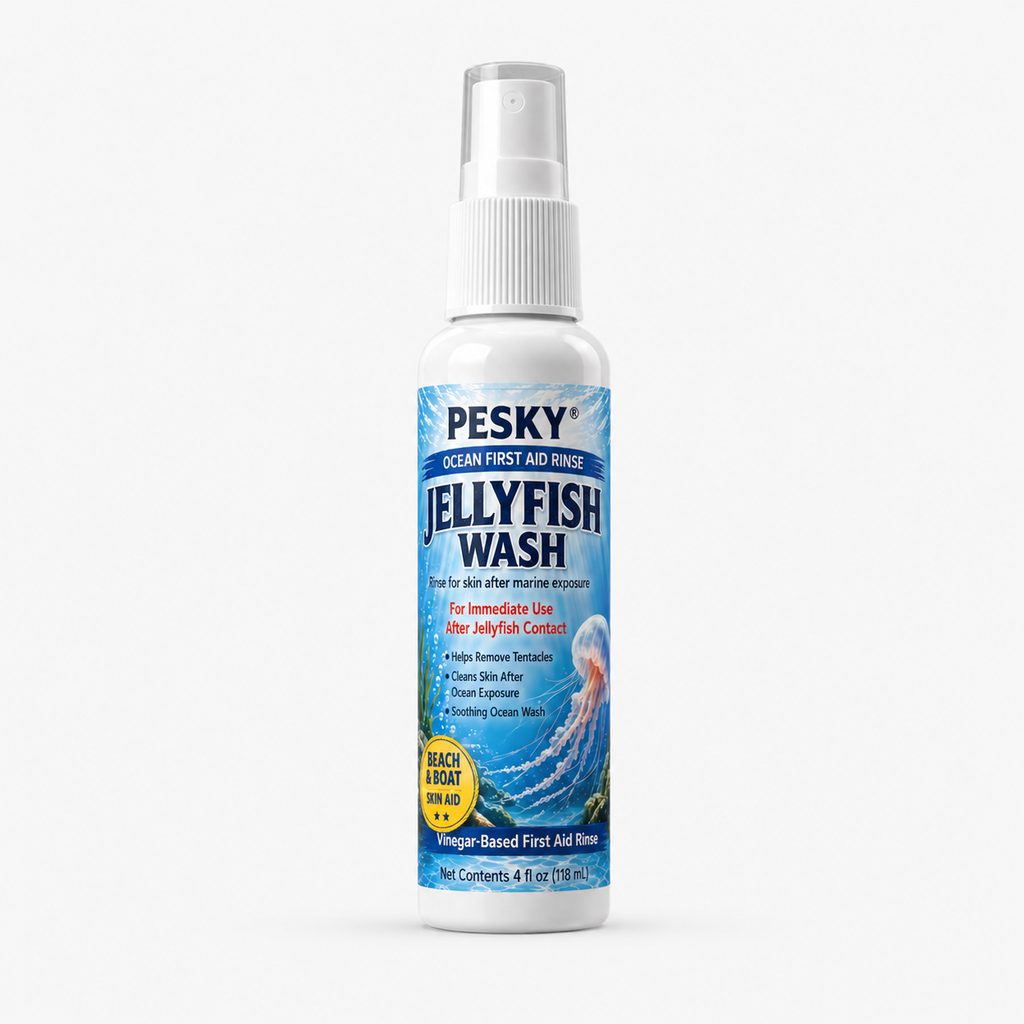 PESKY Jellyfish Wash spray bottle, vinegar based ocean first aid rinse for marine stings