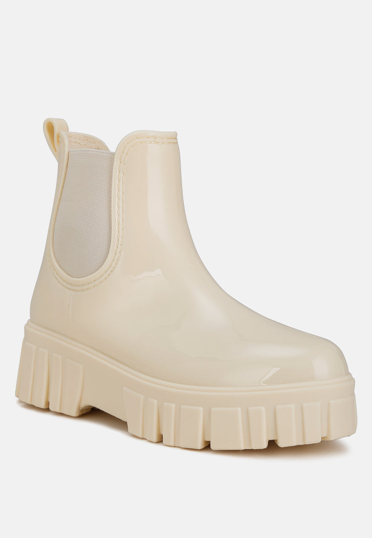 Chunky synthetic leather Chelsea boots with platform block heels, elastic gussets, and thick lug soles — view 3