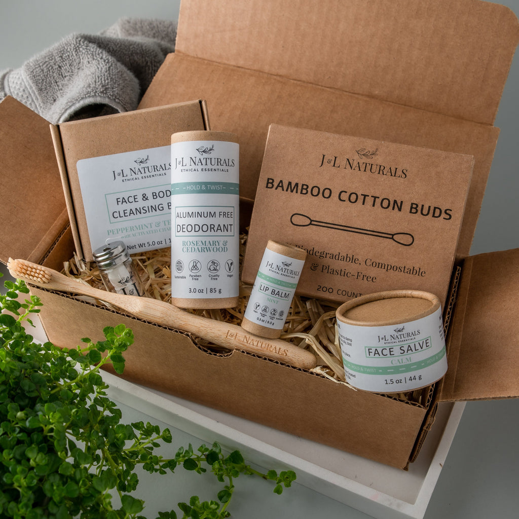 Essentials 7-piece natural self care kit with cleanser, salve, lip balm, and bamboo toothbrush