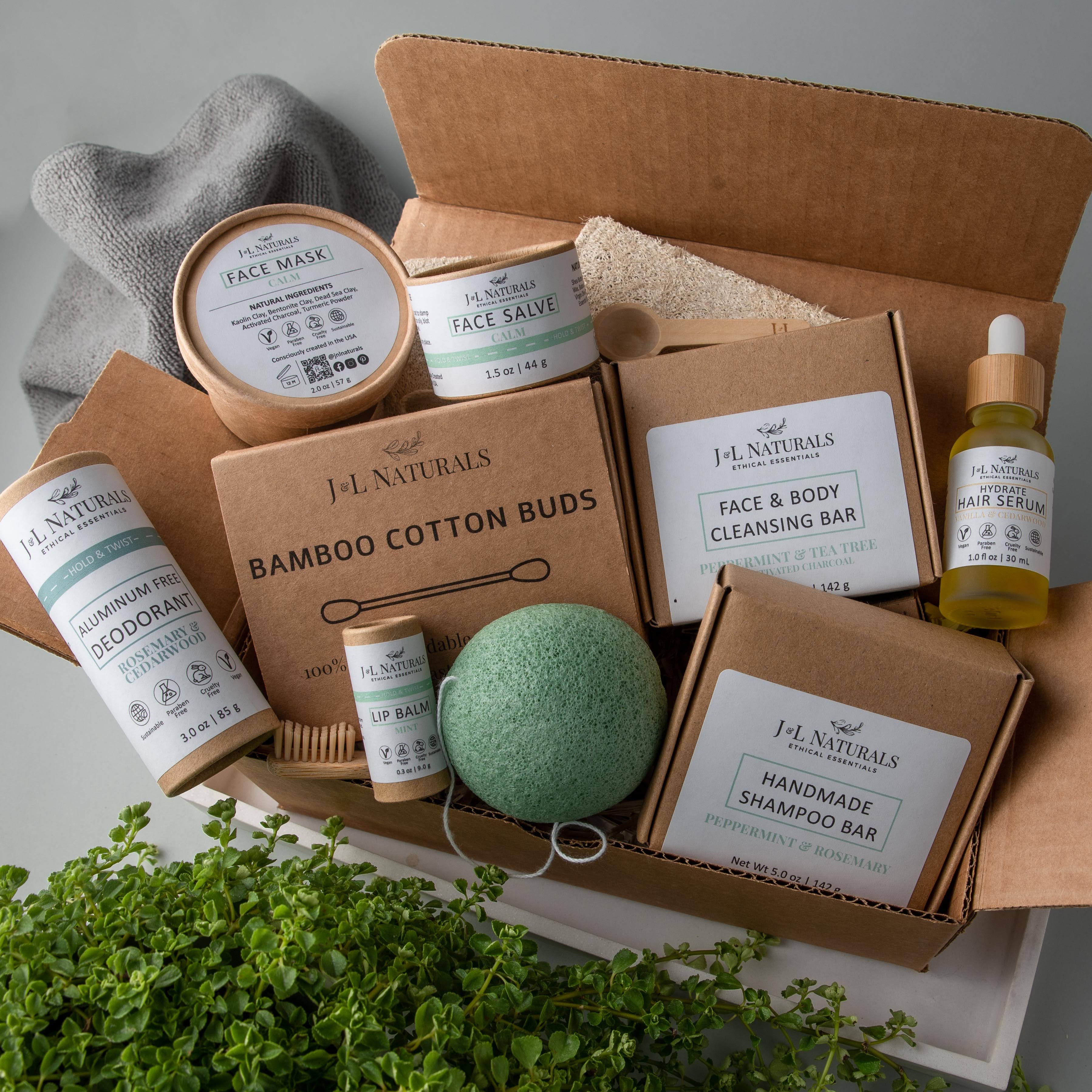 12-piece natural advanced self-care kit with bamboo toothbrush, konjac sponge, and organic skin care products