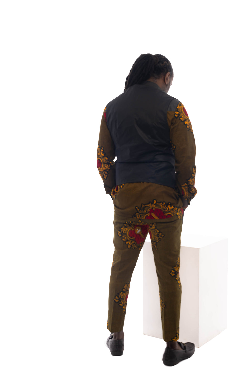 Men's African Ankara print three-piece suit set featuring shirt, tailored trousers, and matching waistcoat. — view 2