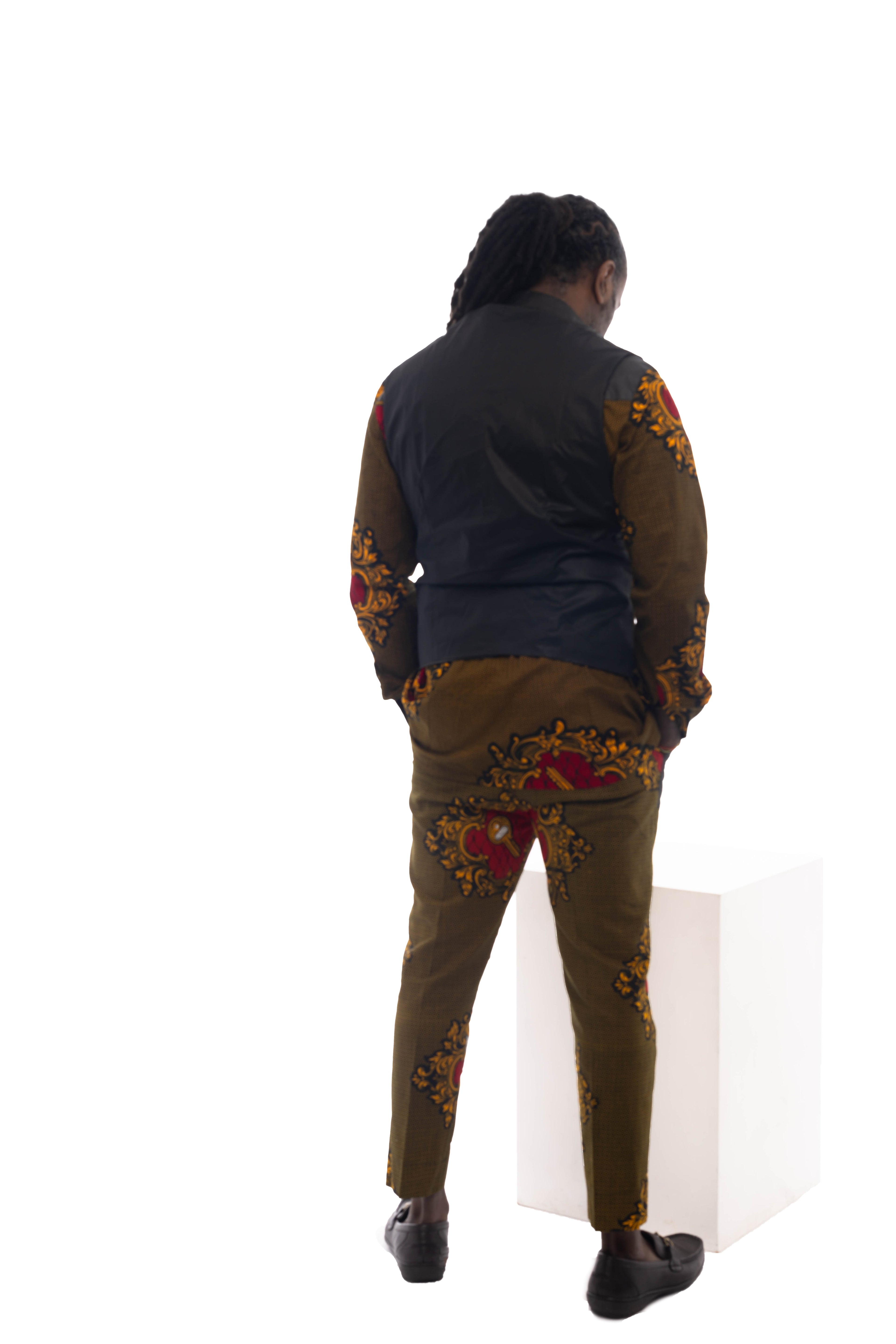 Men's African Ankara print three-piece suit set featuring shirt, tailored trousers, and matching waistcoat. — view 2