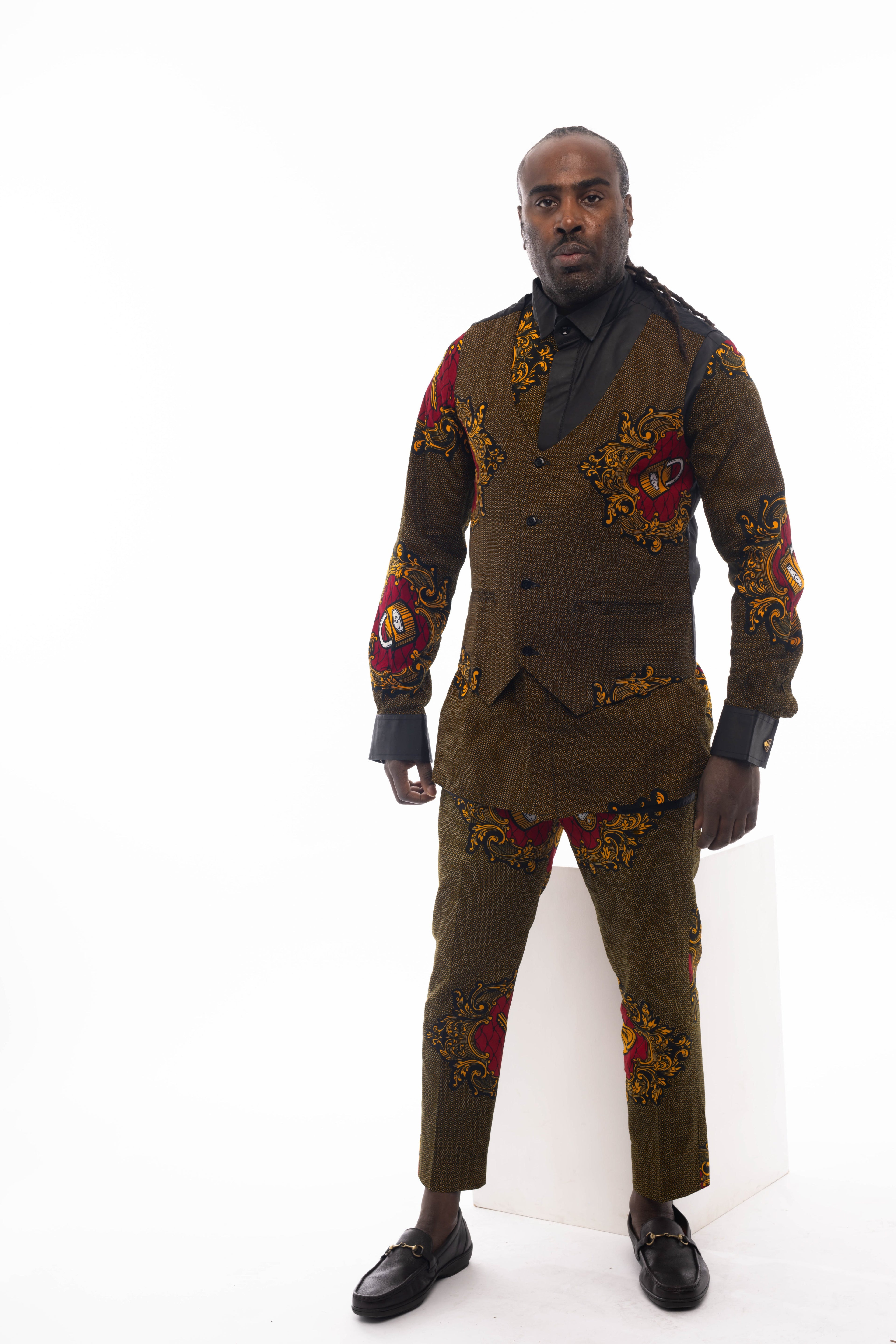 Men's African Ankara print three-piece suit set featuring shirt, tailored trousers, and matching waistcoat.