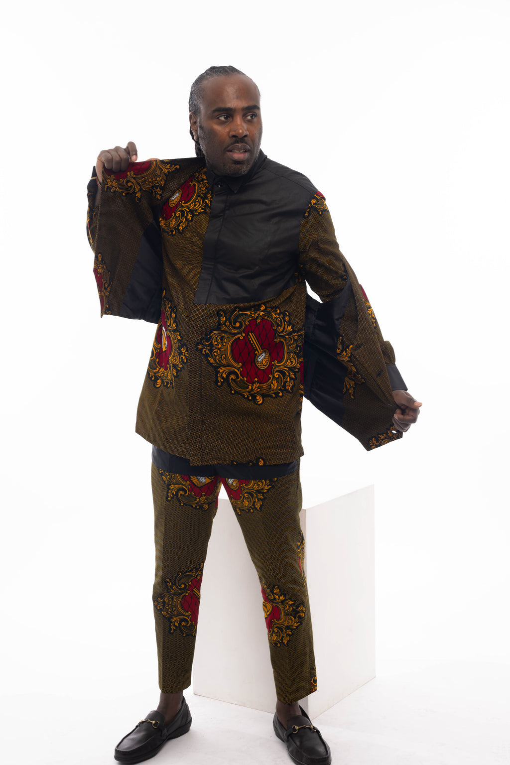 Men's African Ankara print three-piece suit set featuring shirt, tailored trousers, and matching waistcoat. — view 3