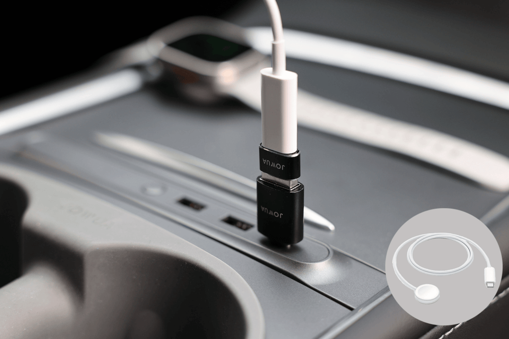 Apple Watch Tesla charging kit with compact metallic USB-C and USB-A converter adapters — view 2