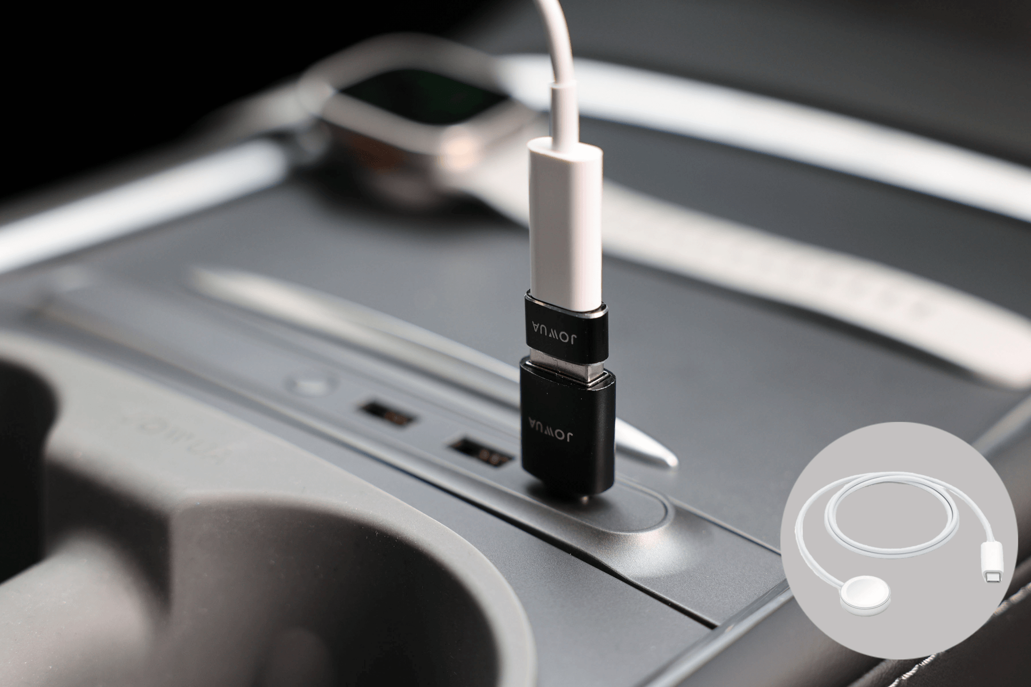 Apple Watch Tesla charging kit with compact metallic USB-C and USB-A converter adapters — view 2