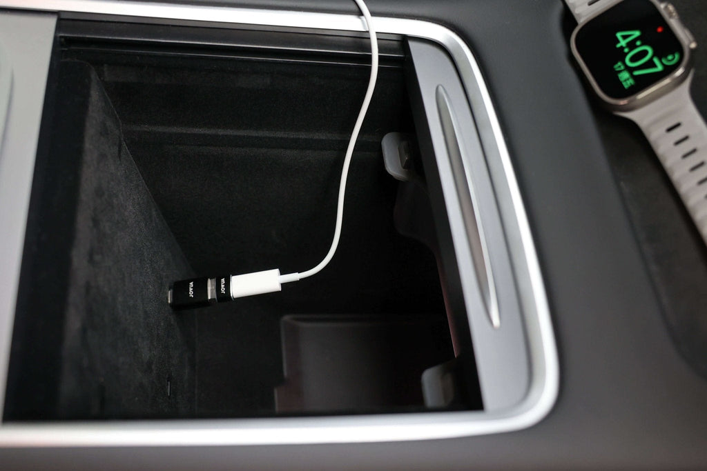 Apple Watch Tesla charging kit with compact metallic USB-C and USB-A converter adapters — view 3