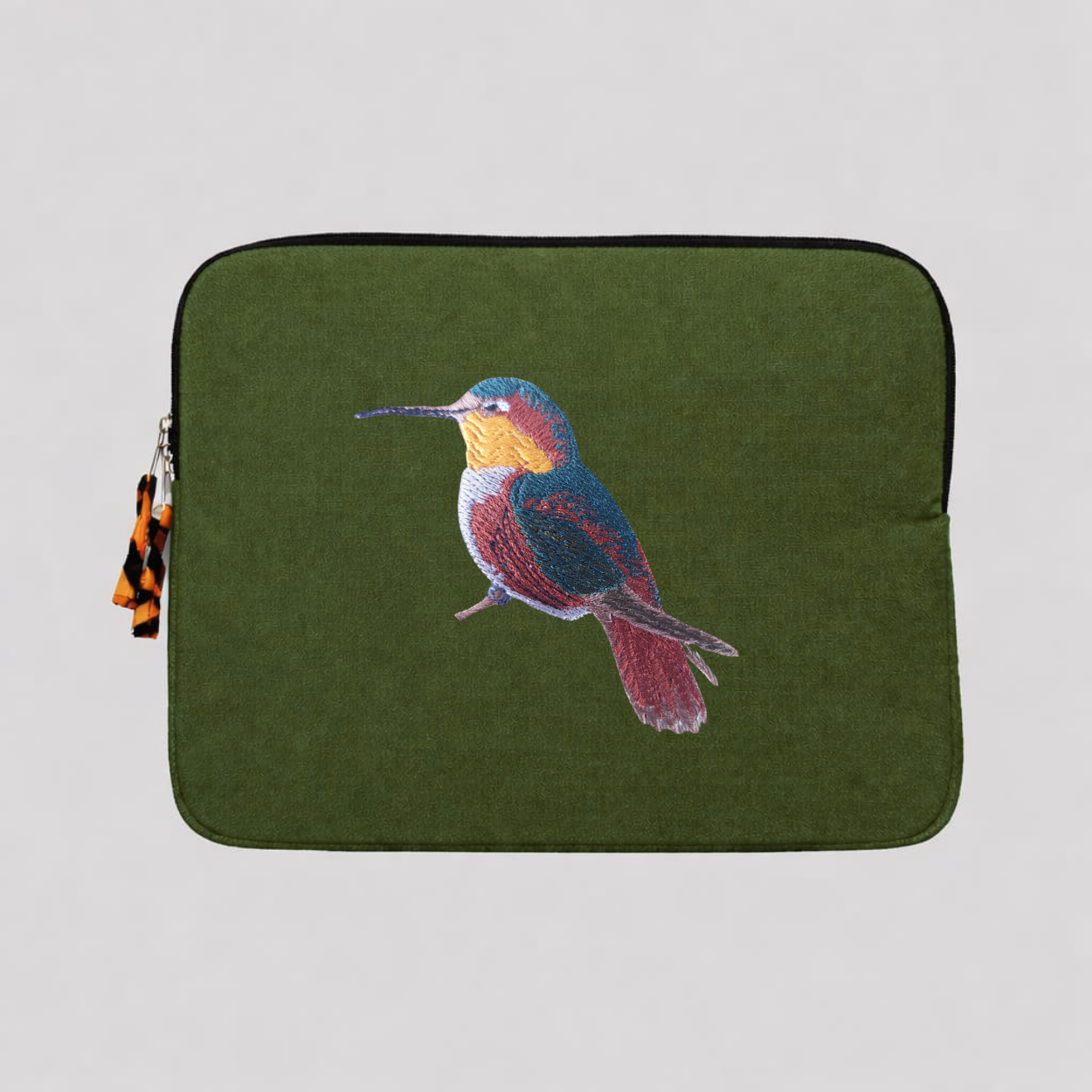 Handmade cotton canvas 13 inch laptop sleeve featuring detailed hummingbird embroidery in warm earthy tones — view 3