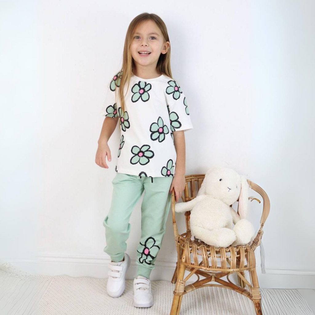 Girls green cotton jogger set featuring a printed top and matching comfortable sweatpants — view 2