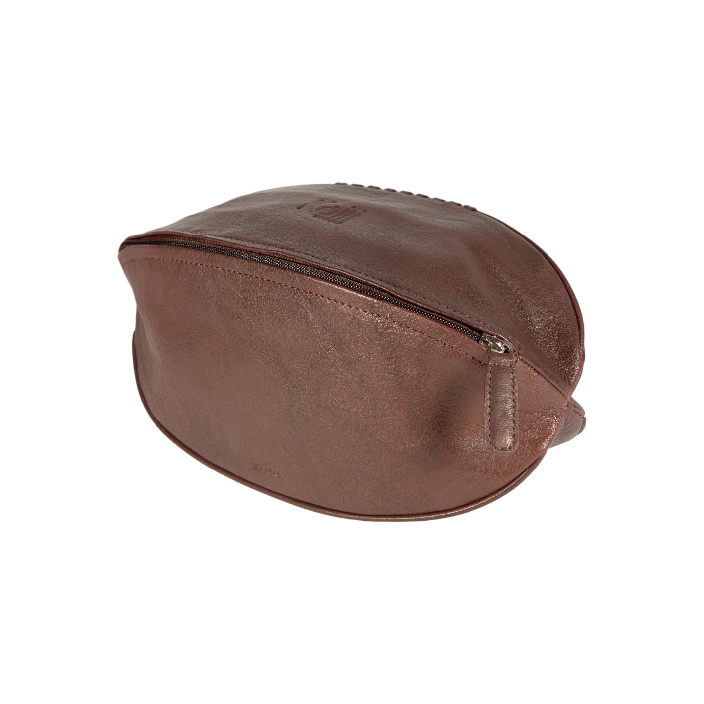 Dark brown genuine leather rugby ball shaped beauty case and toiletry bag for travel organization