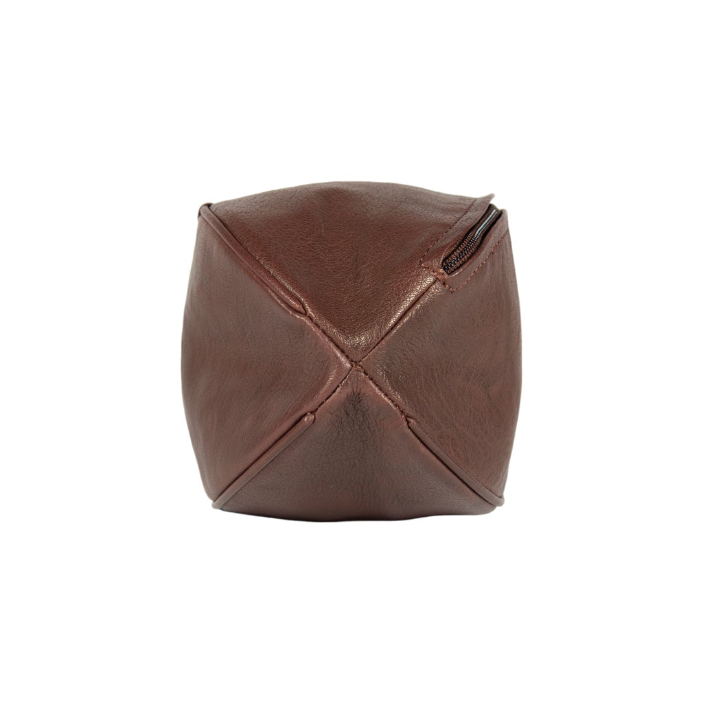 Dark brown genuine leather rugby ball shaped beauty case and toiletry bag for travel organization — view 2