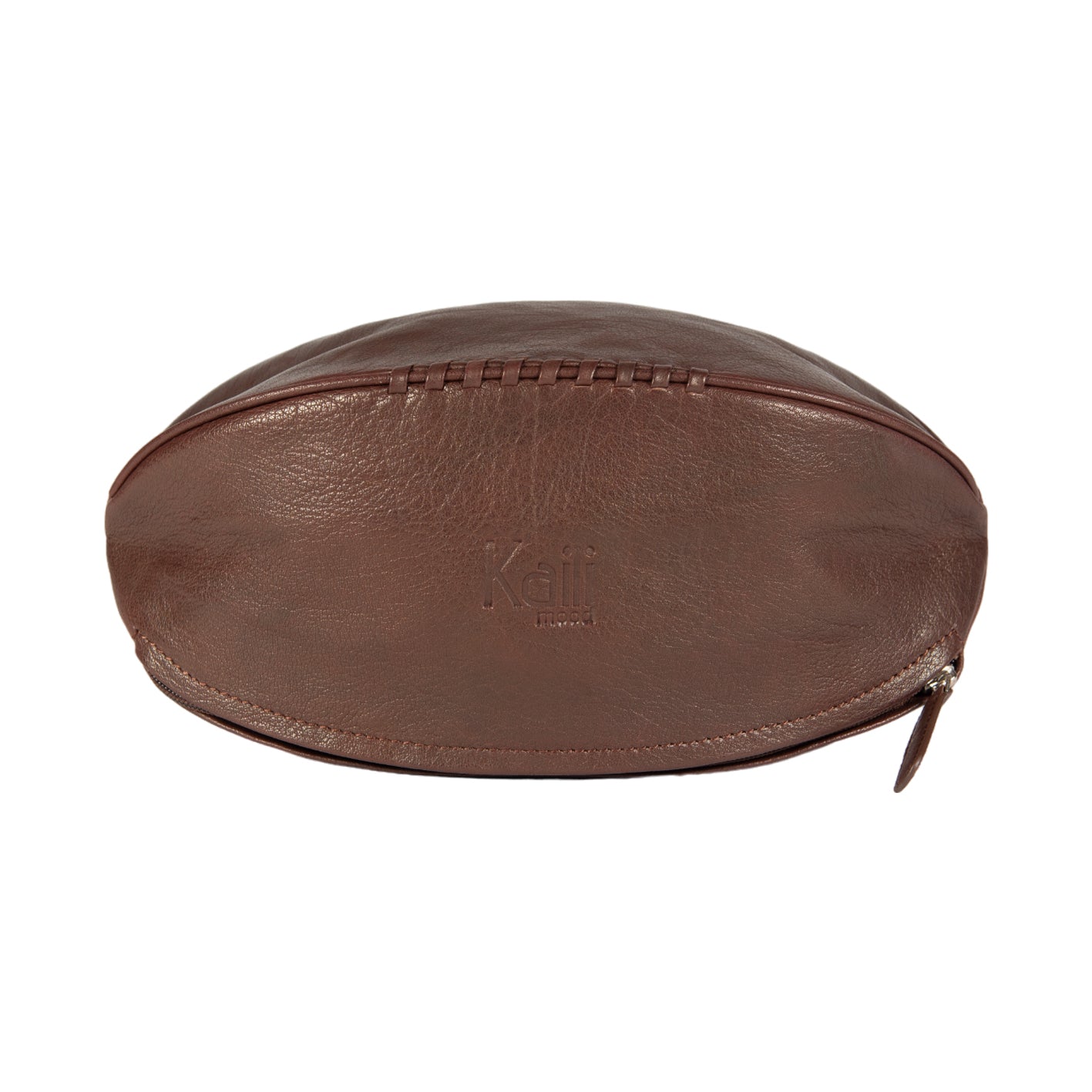 Dark brown genuine leather rugby ball shaped beauty case and toiletry bag for travel organization — view 3