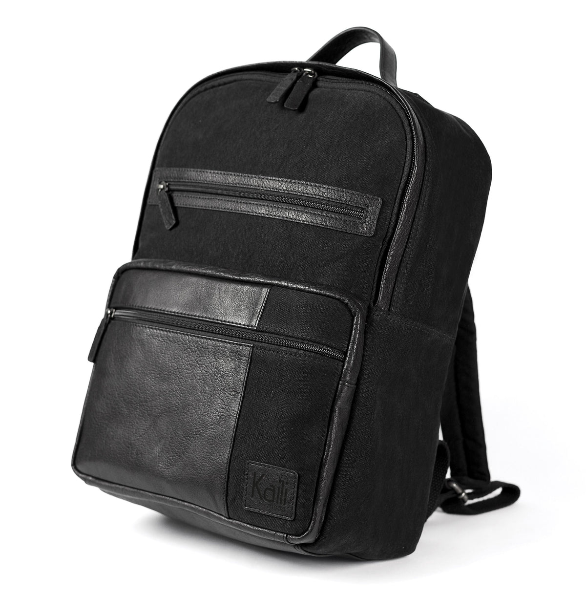 K0023AB | Zaino Porta Notebook in Canvas/Vera Pelle, pieno fiore, volanata - Colore Nero. Accessori Nickel Anticato, Chiusura con lampo. Dimensioni: cm 29 x 40 x15. Confezione: Sacchetto Tnt-0
