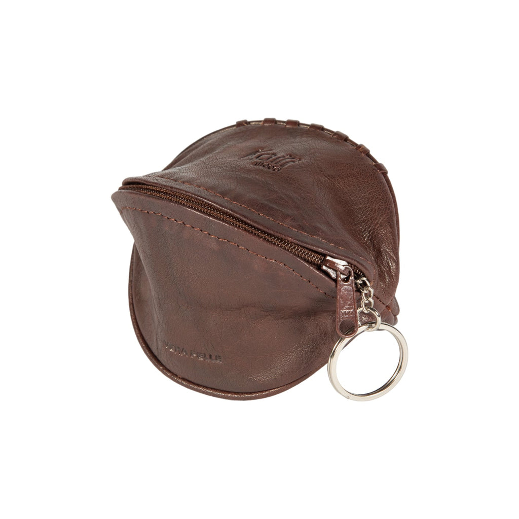 Dark brown genuine leather mini keychain pouch with zipper closure and polished nickel hardware.
