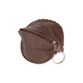 Dark brown genuine leather mini keychain pouch with zipper closure and polished nickel hardware.