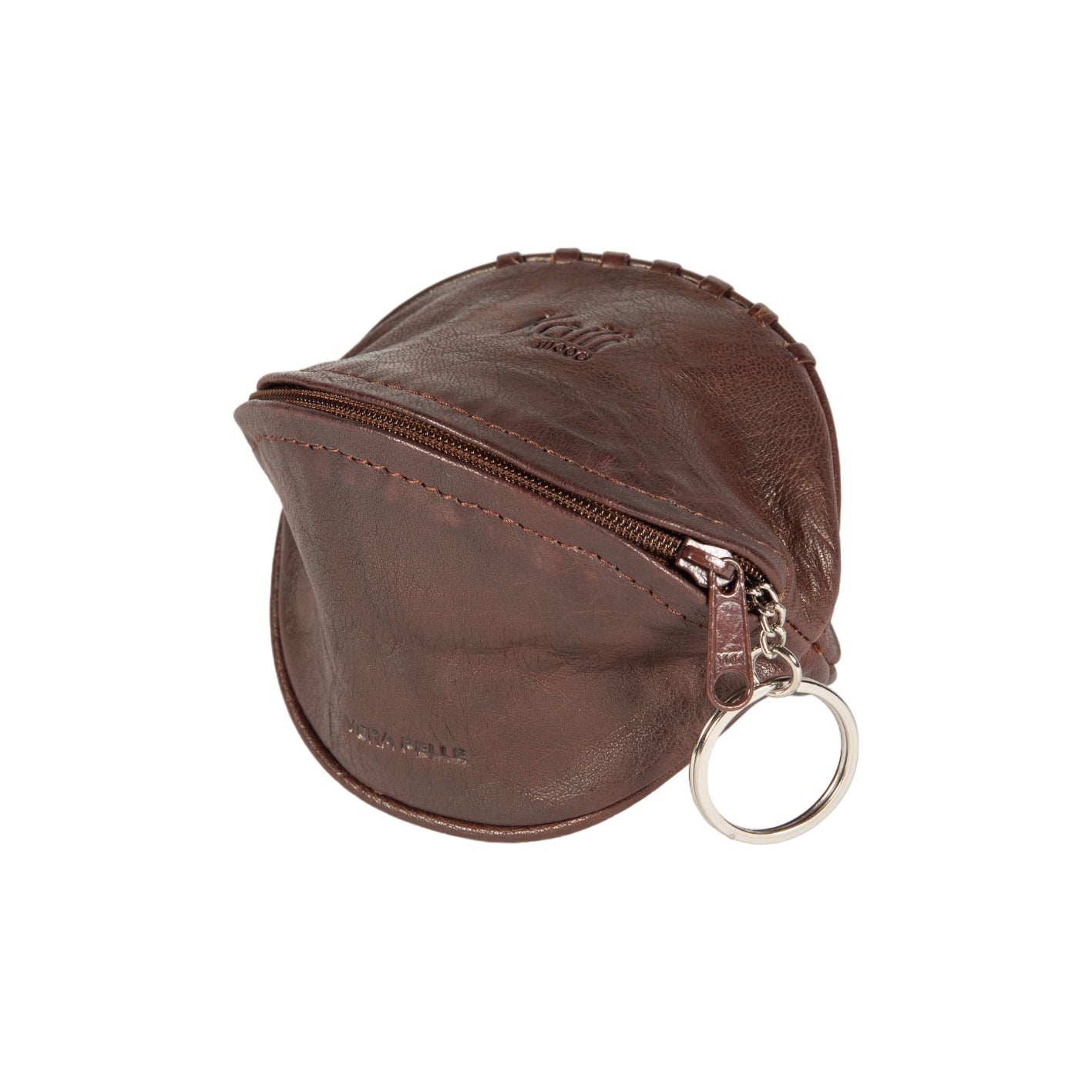 Dark brown genuine leather mini keychain pouch with zipper closure and polished nickel hardware.