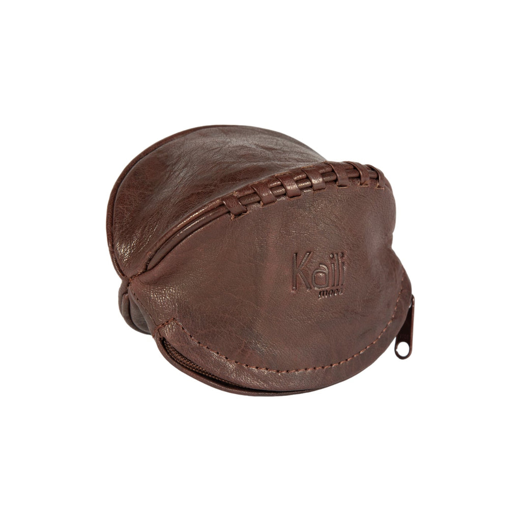 Dark brown genuine leather mini keychain pouch with zipper closure and polished nickel hardware. — view 2