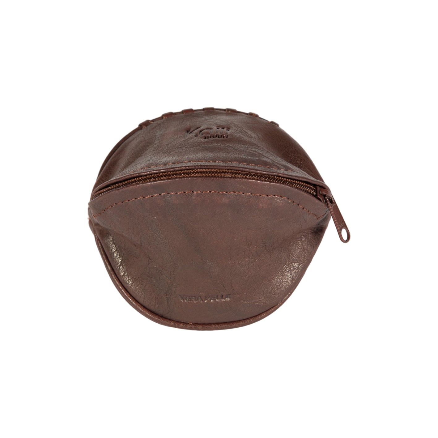 Dark brown genuine leather mini keychain pouch with zipper closure and polished nickel hardware. — view 3