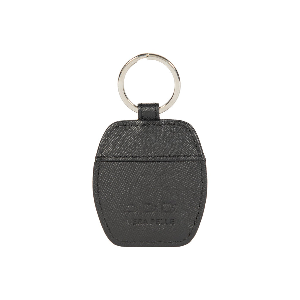 Black Saffiano genuine leather keychain with polished nickel ring next to a rigid gift box — view 2