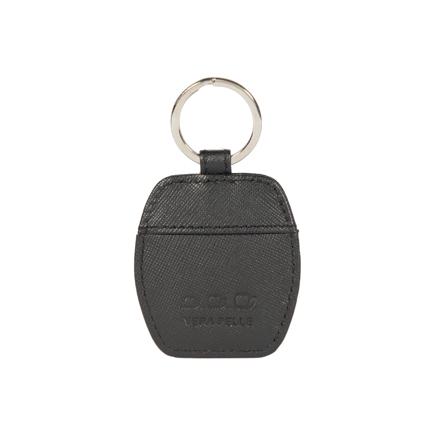Black Saffiano genuine leather keychain with polished nickel ring next to a rigid gift box — view 2