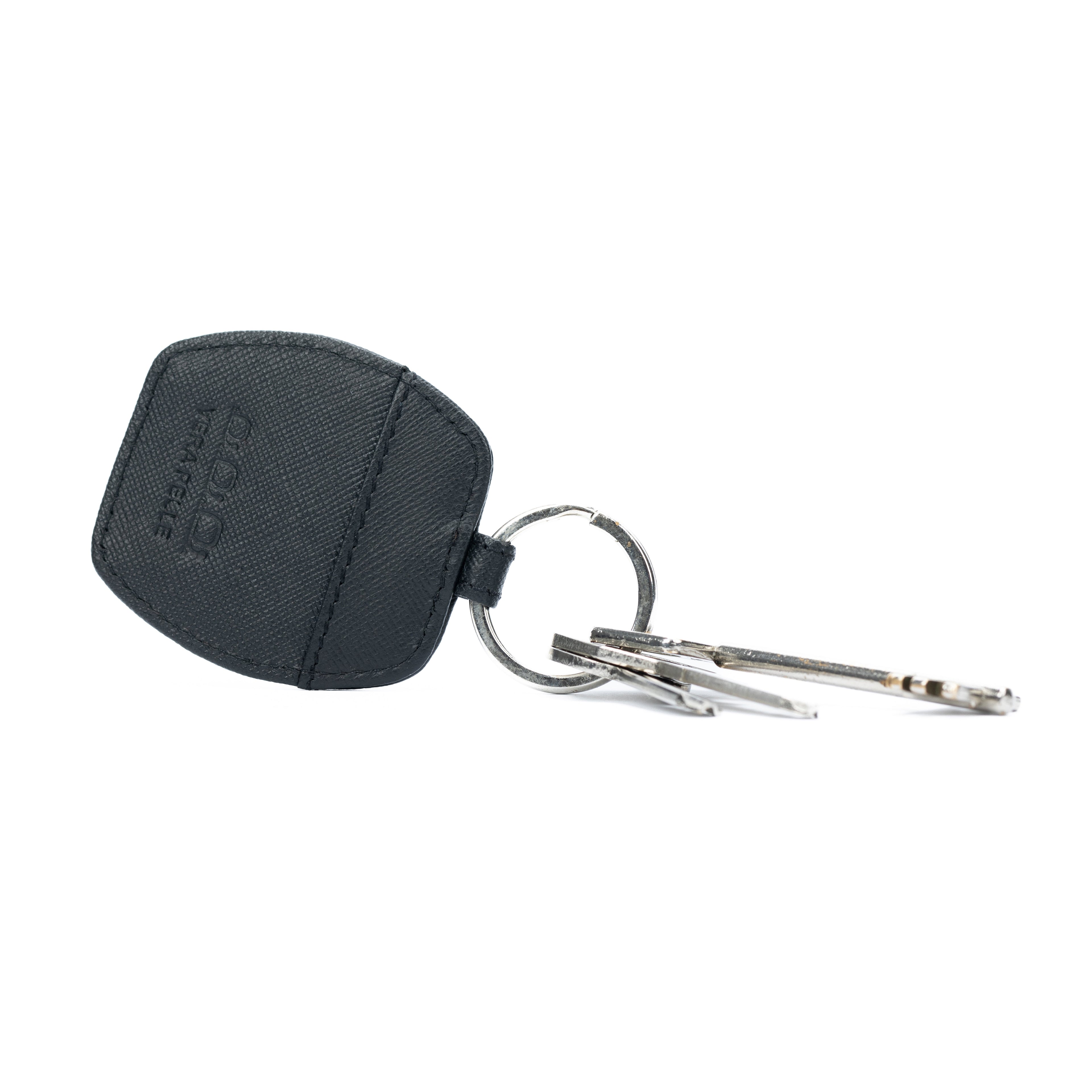 Black Saffiano genuine leather keychain with polished nickel ring next to a rigid gift box — view 3
