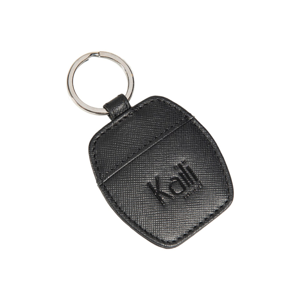 Black Saffiano genuine leather keychain with polished nickel ring next to a rigid gift box — view 4