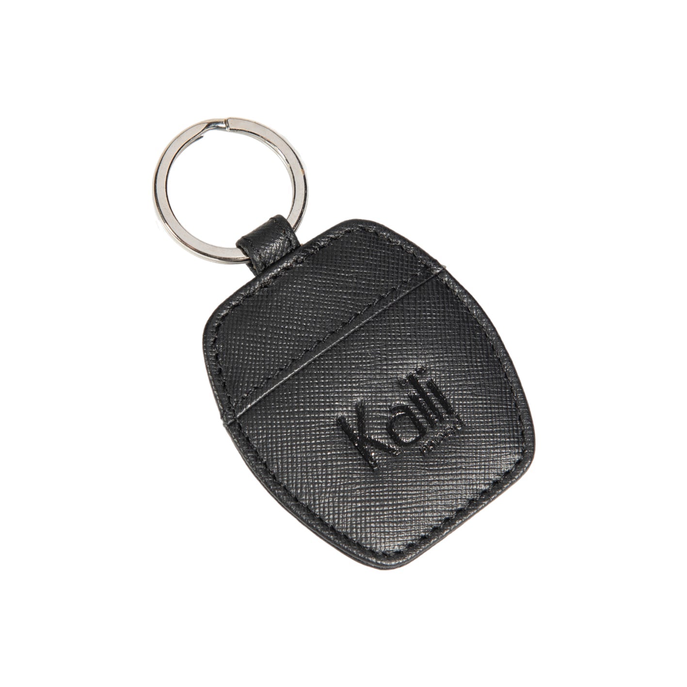 Black Saffiano genuine leather keychain with polished nickel ring next to a rigid gift box — view 4