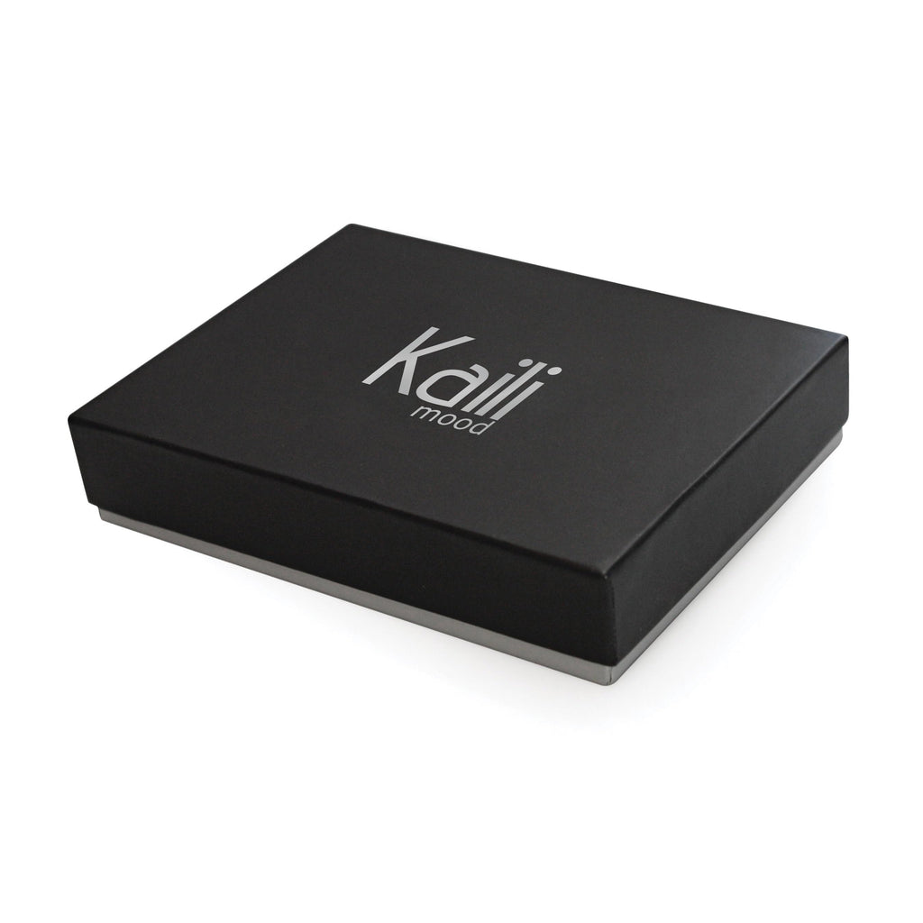 Black Saffiano genuine leather keychain with polished nickel ring next to a rigid gift box — view 5
