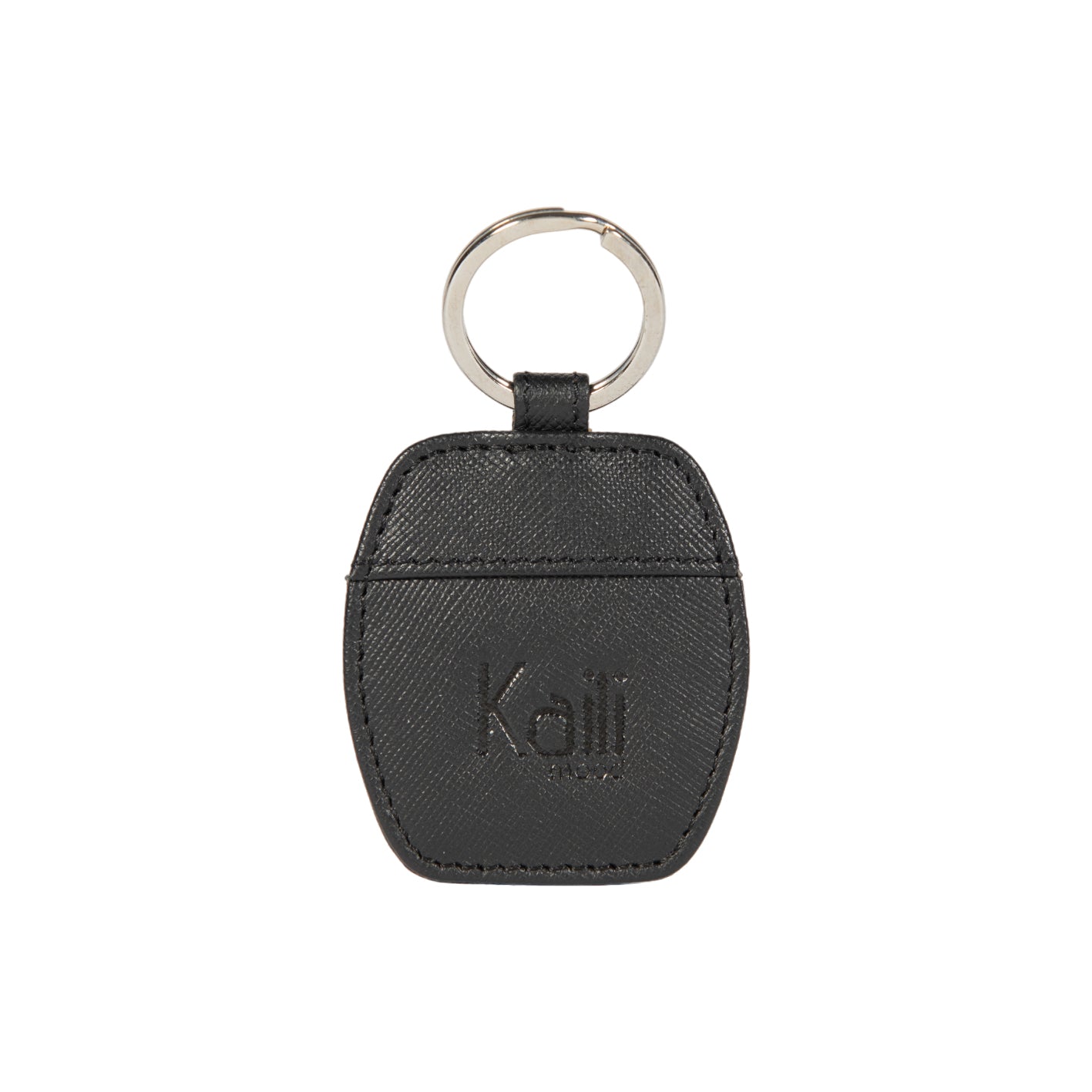 Black Saffiano genuine leather keychain with polished nickel ring next to a rigid gift box