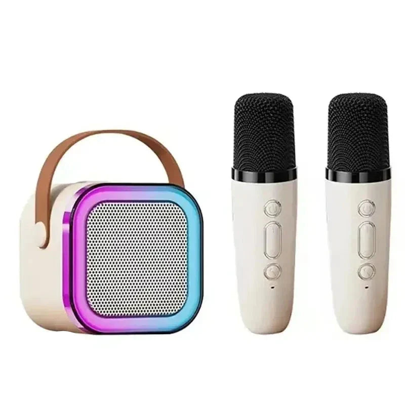 White K12 Bluetooth karaoke machine with RGB lights, wireless microphone, and premium leather carrying handle