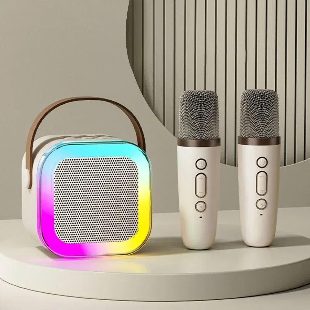 White K12 Bluetooth karaoke machine with RGB lights, wireless microphone, and premium leather carrying handle — view 2