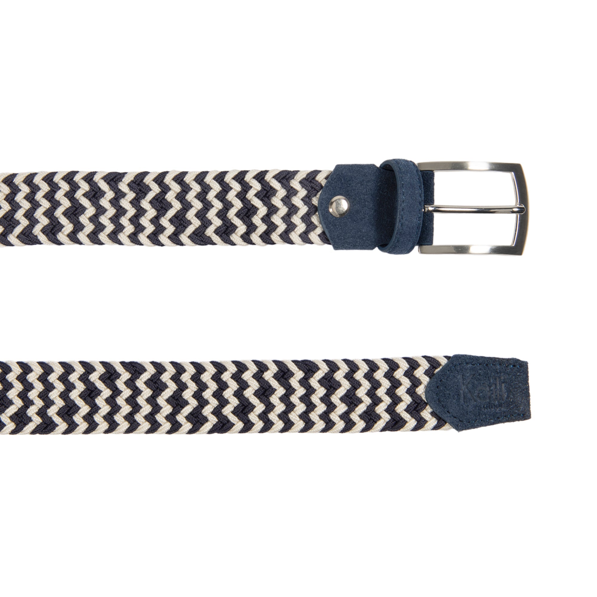 Men's blue and ecru two-tone braided elastic leather belt with a satin nickel buckle. — view 2