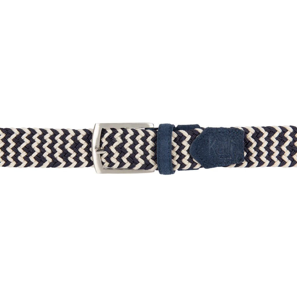 Men's blue and ecru two-tone braided elastic leather belt with a satin nickel buckle. — view 3