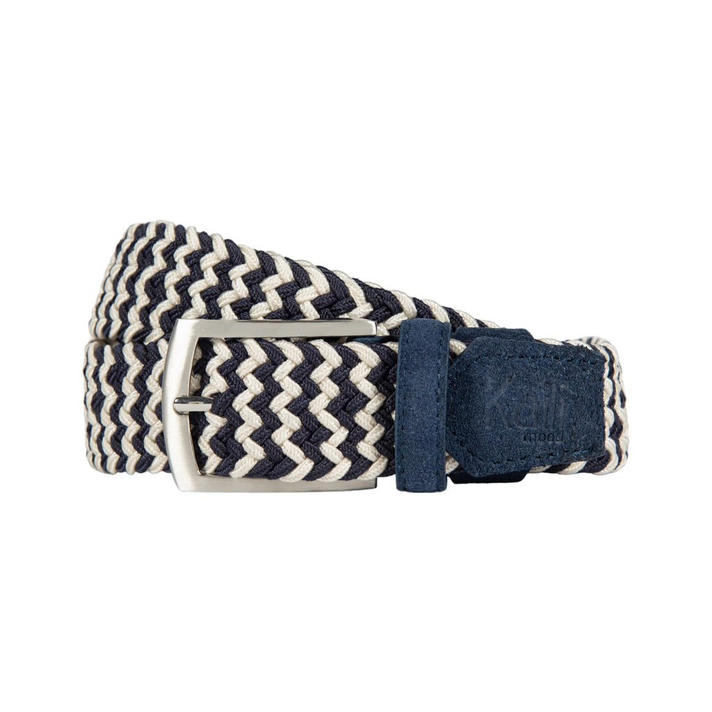 Men's blue and ecru two-tone braided elastic leather belt with a satin nickel buckle.