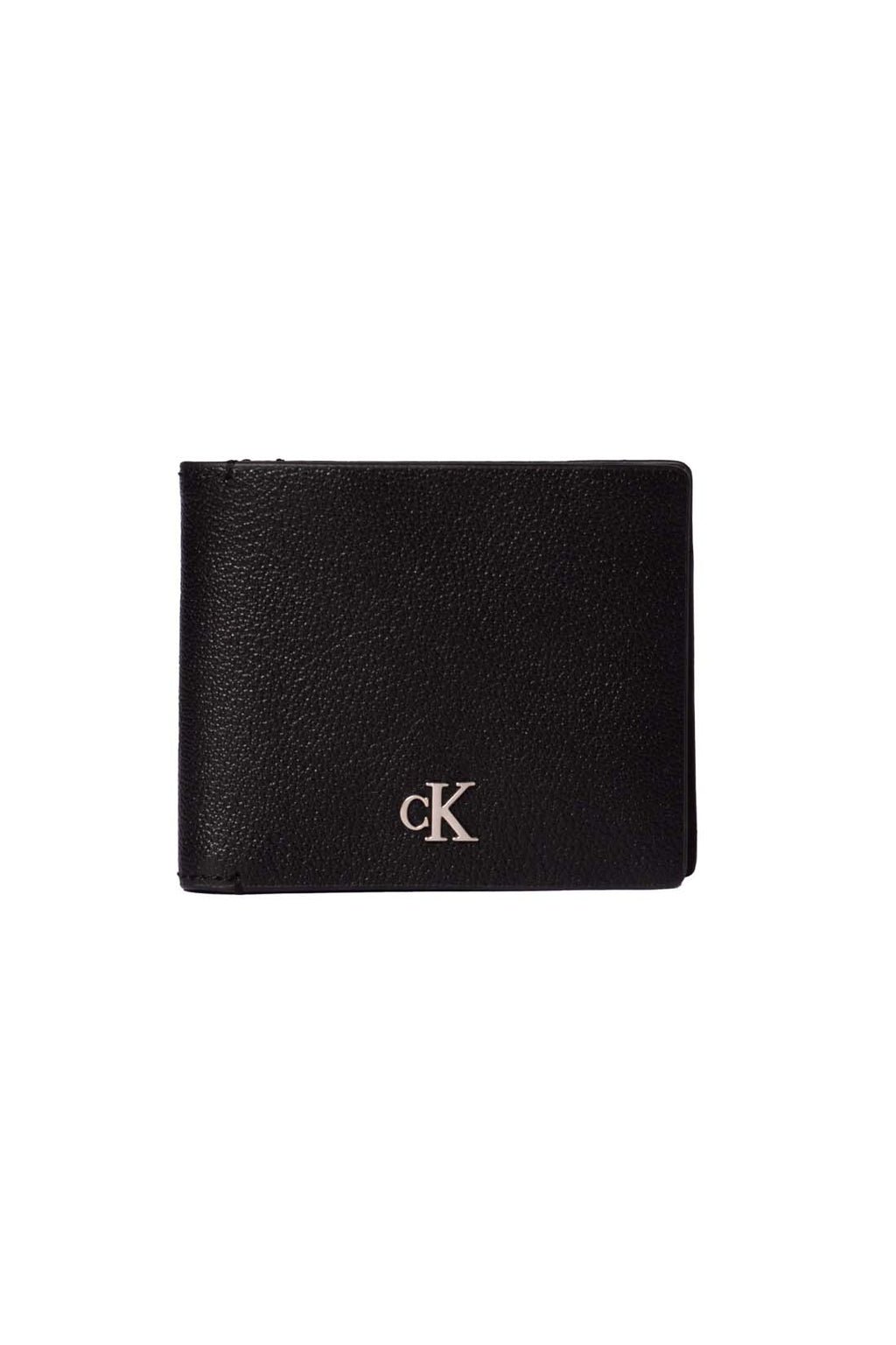 Black leather men's bifold wallet with monogram plaquette, card slots, and snap coin pocket. — view 8