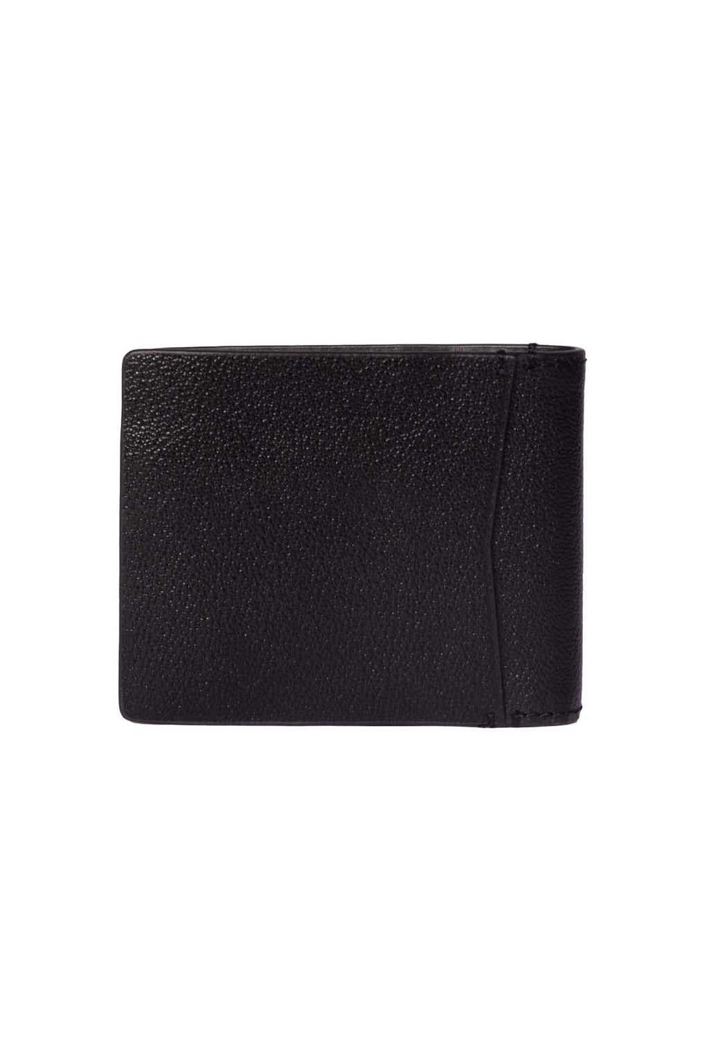 Black leather men's bifold wallet with monogram plaquette, card slots, and snap coin pocket. — view 3