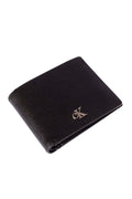 Black leather men's bifold wallet with monogram plaquette, card slots, and snap coin pocket.