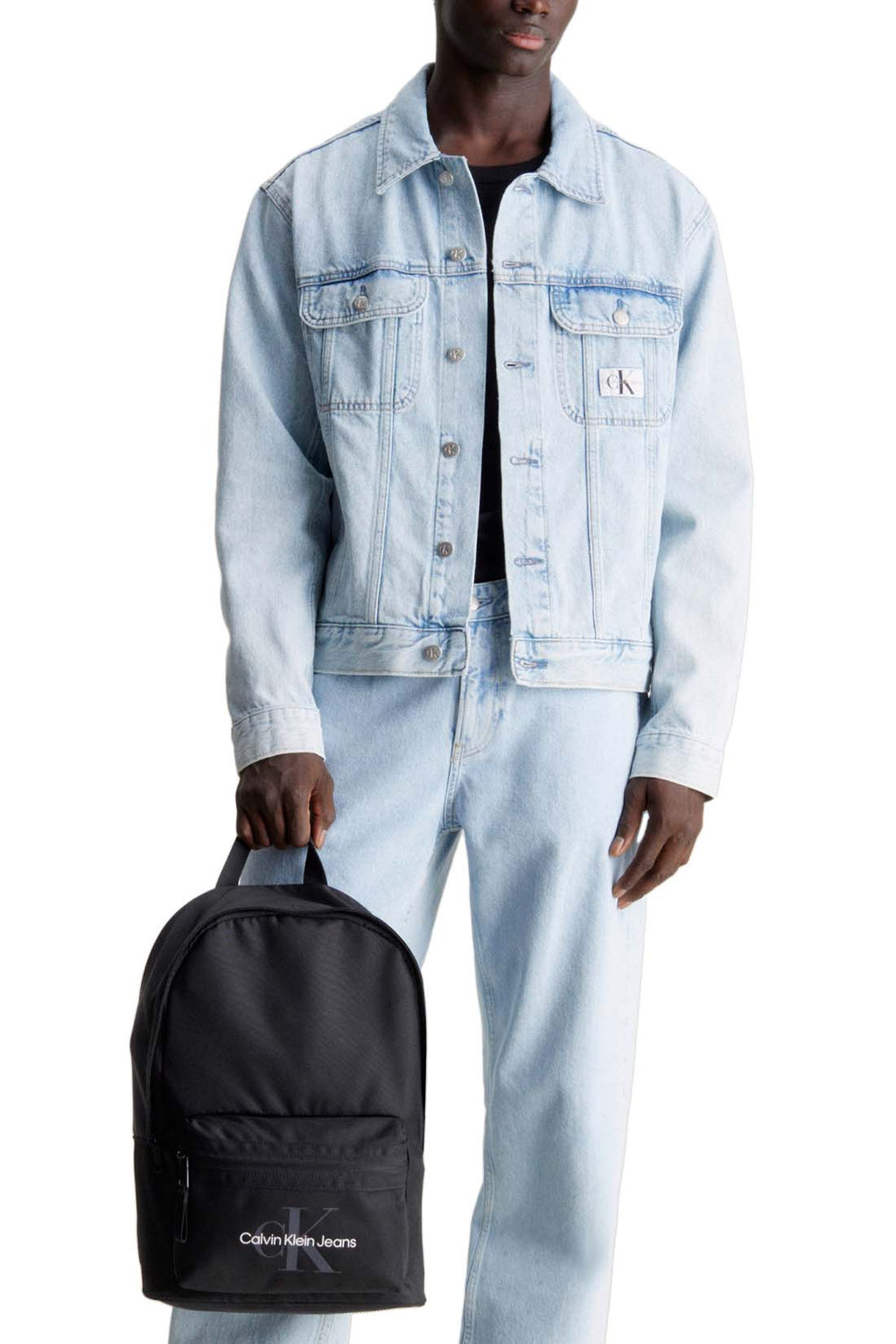 Black Calvin Klein Men's recycled nylon backpack with front zip pocket and padded shoulder straps — view 4
