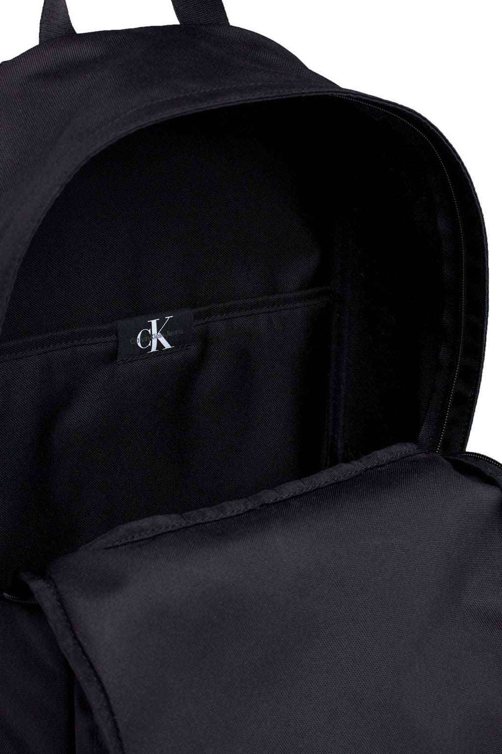 Black Calvin Klein Men's recycled nylon backpack with front zip pocket and padded shoulder straps — view 6