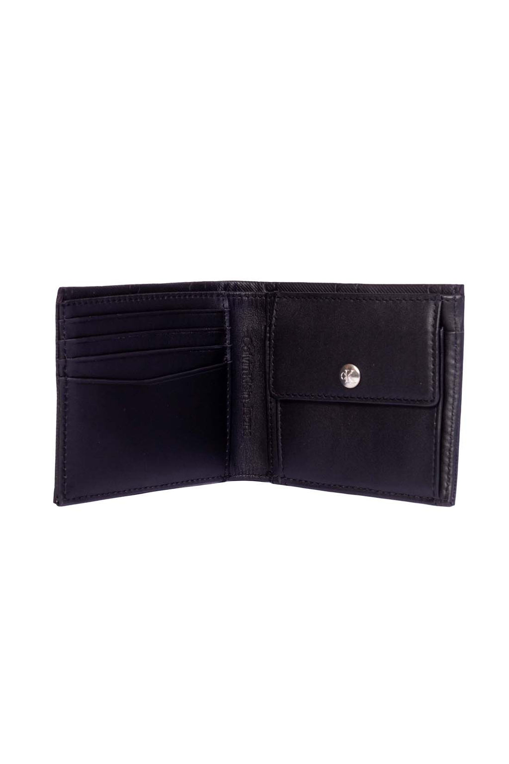 Men's black leather bifold wallet with all-over embossed monogram and knurled finish. — view 2