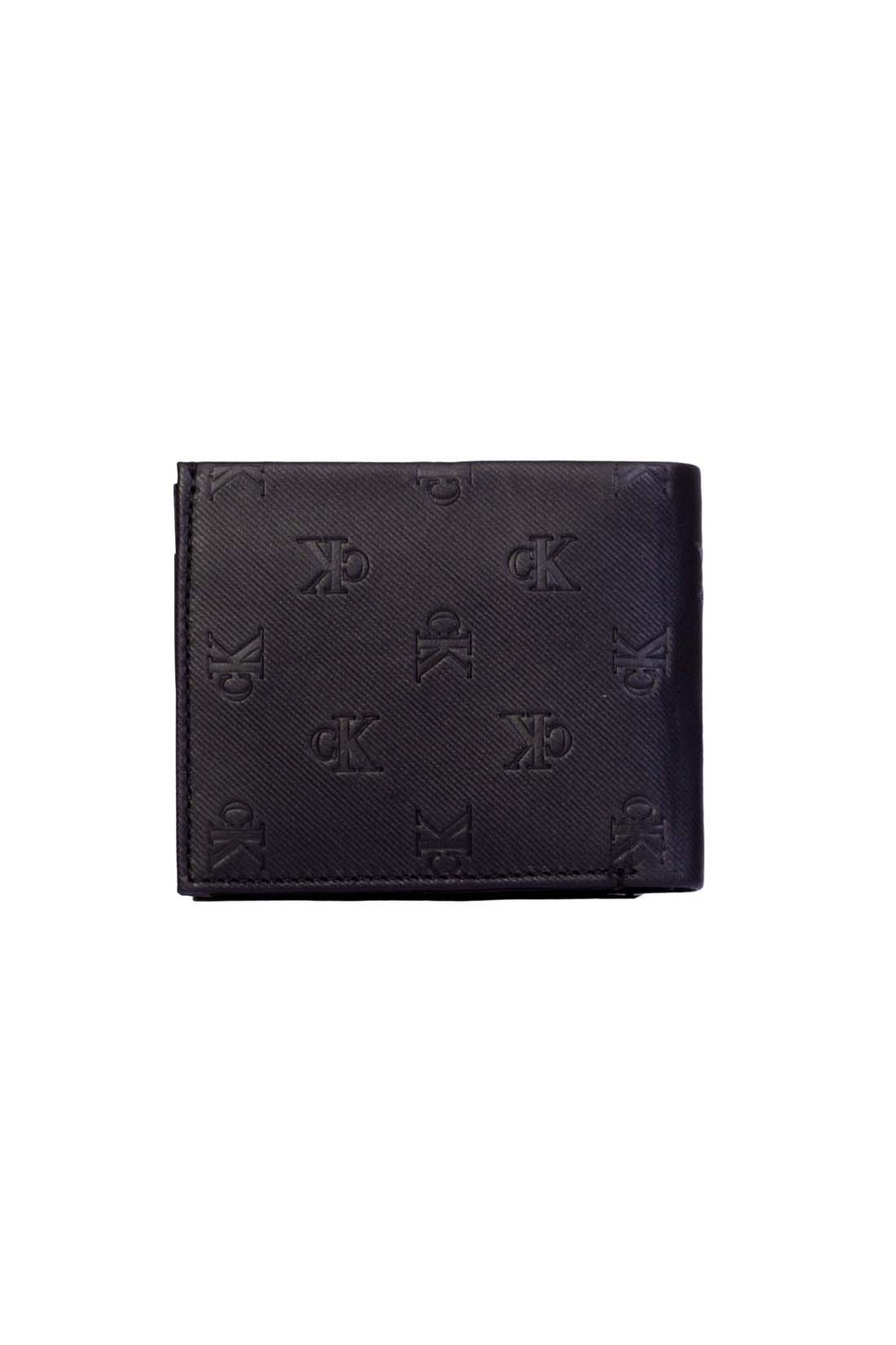 Men's black leather bifold wallet with all-over embossed monogram and knurled finish. — view 7