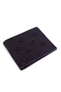 Men's black leather bifold wallet with all-over embossed monogram and knurled finish.