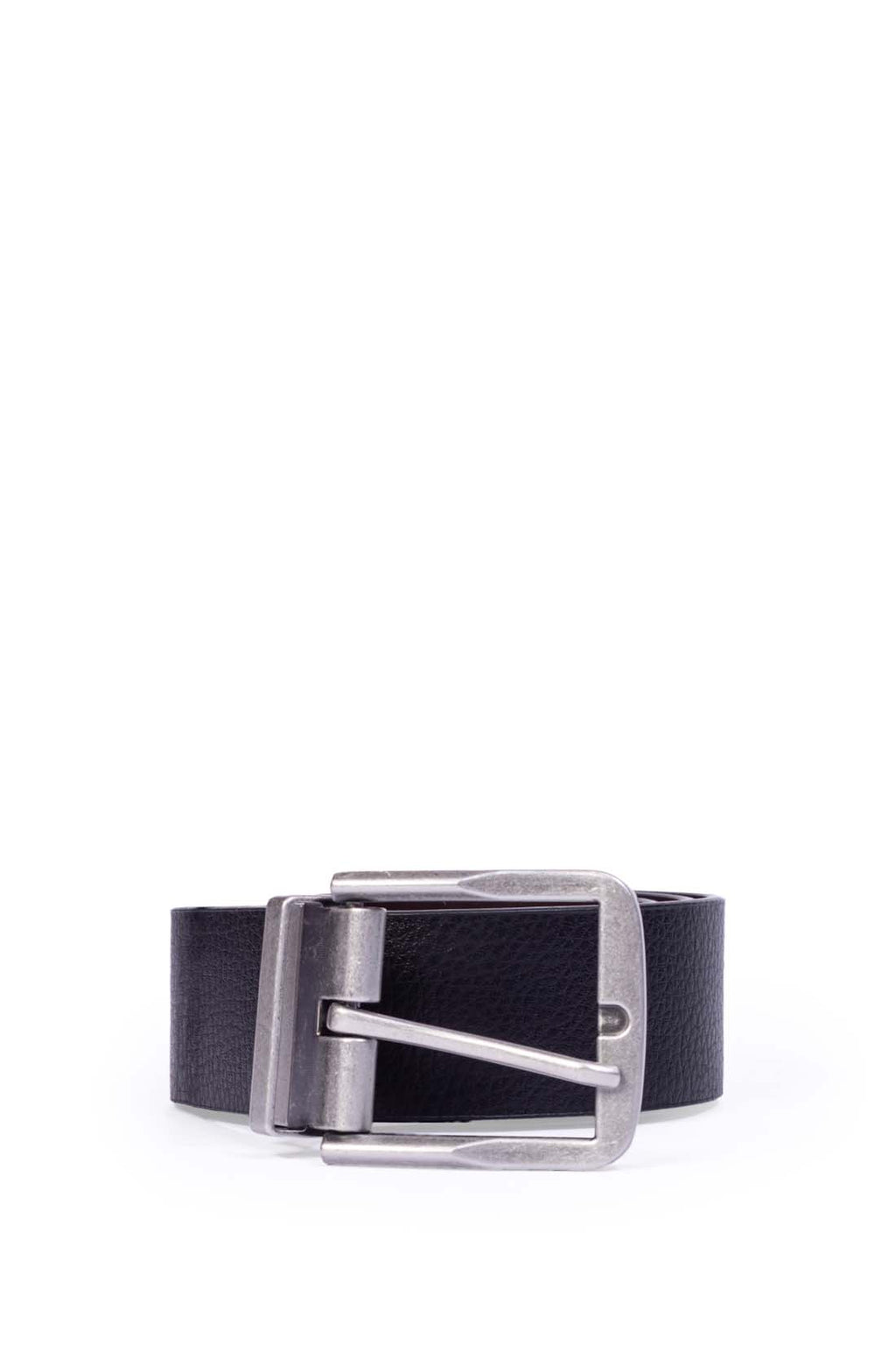 Men's essential leather belt in black cowhide with a satin finish metal square logo buckle — view 3