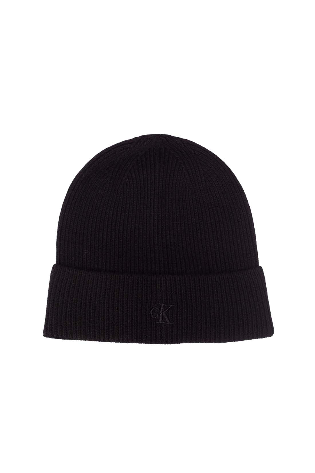 Men's black knitted wool and cashmere blend beanie with embroidered monogram logo on the front — view 6