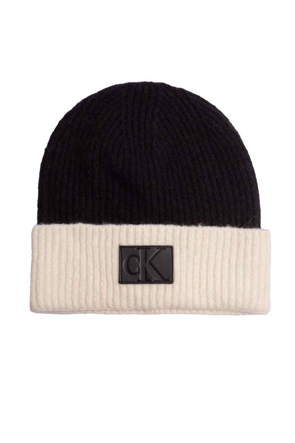 Men's ribbed knit colorblock beanie with adjustable cuff and prominent front logo patch — view 6