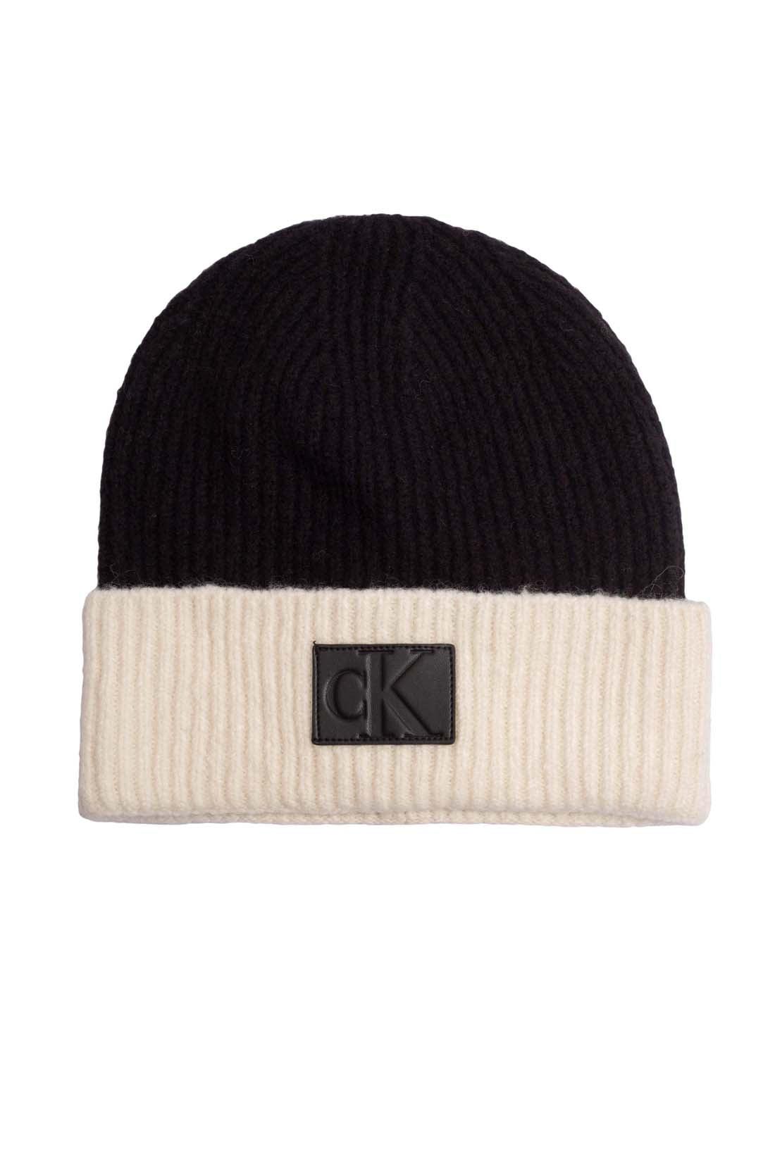 Men's ribbed knit colorblock beanie with adjustable cuff and prominent front logo patch — view 6