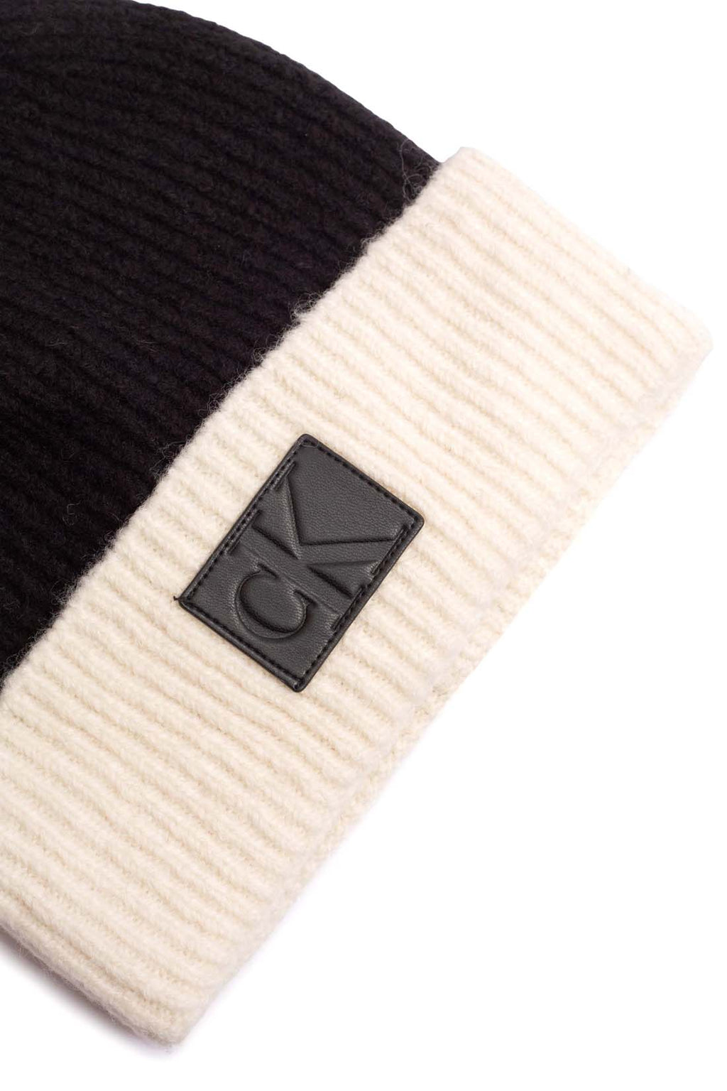 Men's ribbed knit colorblock beanie with adjustable cuff and prominent front logo patch — view 5